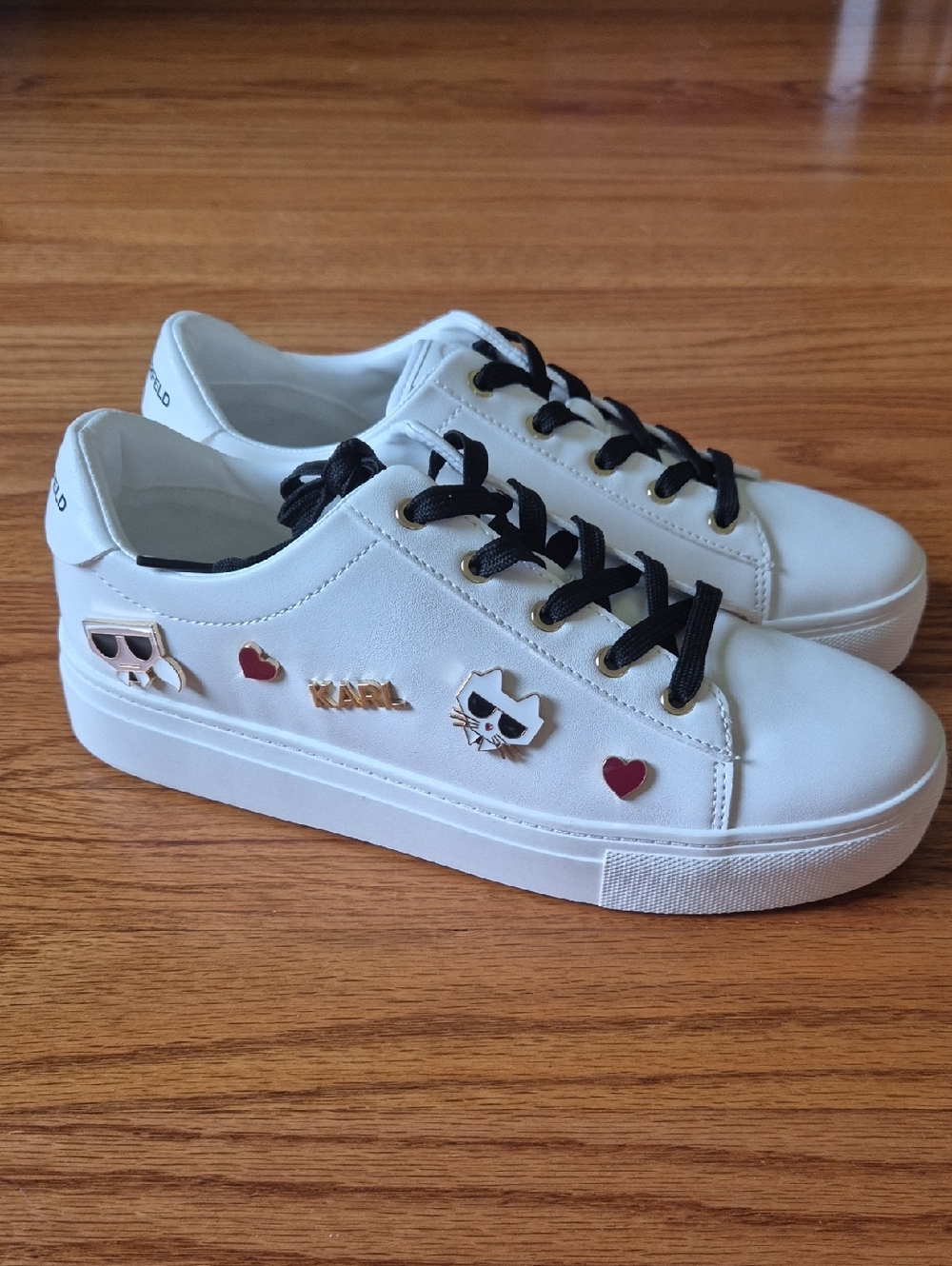 Karl Lagerfeld Women's White Sneakers with Black Laces and Decorative CharmNWOB